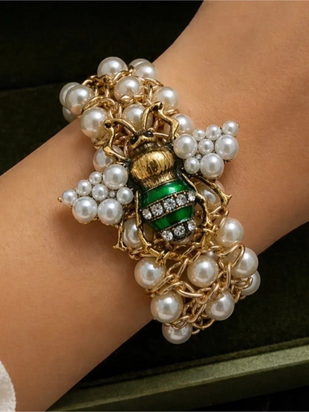 Gold Pearl Bracelet with Green Bee Accent